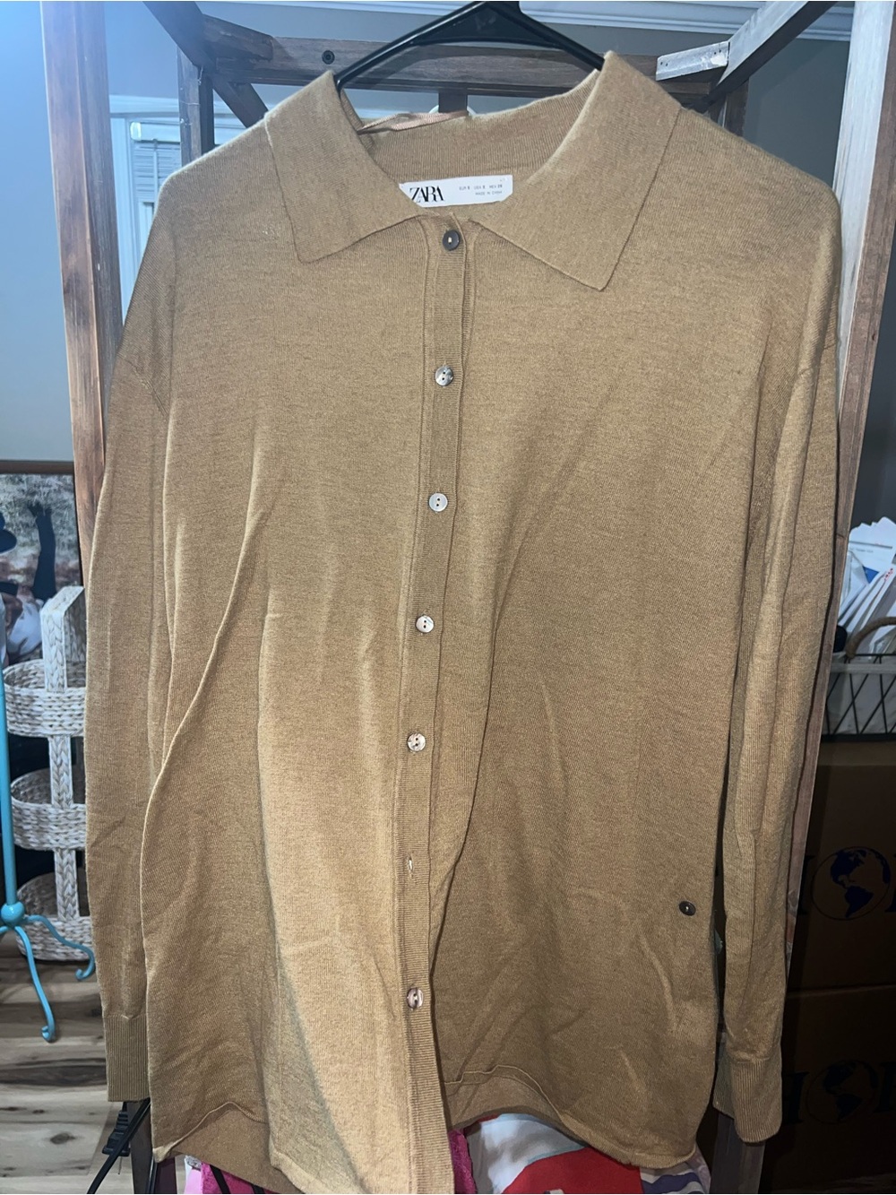 Zara Tan Collared Button-Up Knit Top